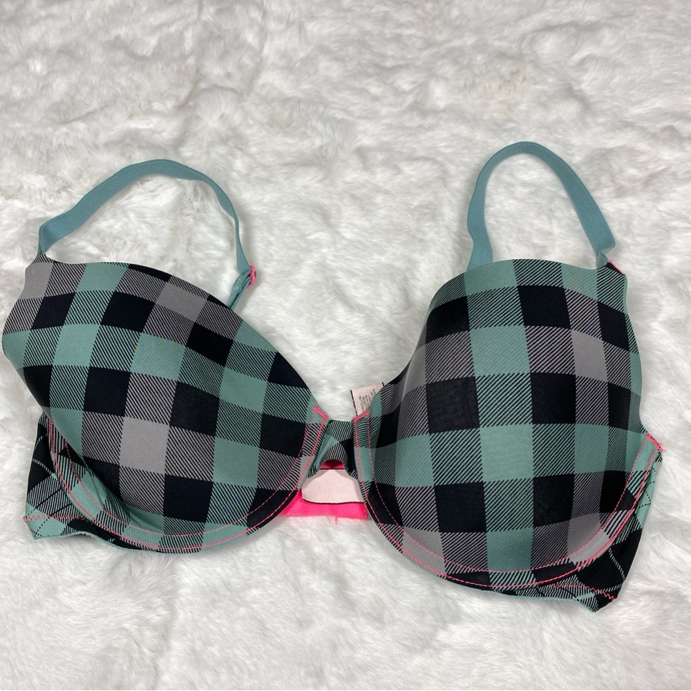Victoria's Secret Bra 34D Lined Green Black Checkered Print 3410